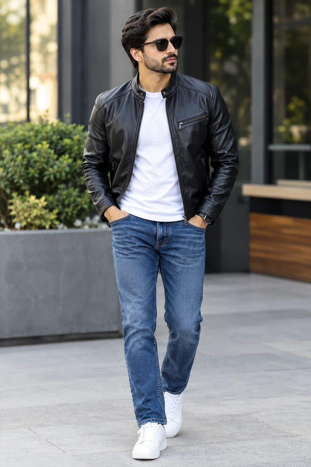 Black leather jacket styled with white tee and jeans